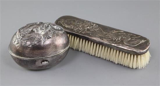 An early 20th century Japanese silver soap box and a clothes brush, box 4.25in.